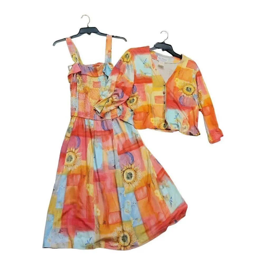 Vintage Pipe Dreams Dress Set Women's Large Sunflower Colorful Boho With Jacket